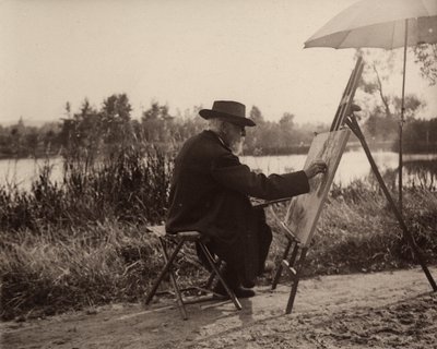 The painter Lhermitte Léon (1844-1925), while working on the Marne sidebank, not far from his property, about 1914-1915, France by Charles Lhermitte