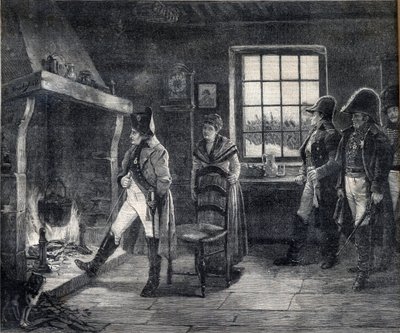 Emperor Napoleon I Heating Himself by a Wood Fire in a Snow Landscape - Napoleon After the Battle of Waterloo in 1814 - Engraving After the Painting of Charles Louis Kratke (1848-1921). by Charles Louis Kratke