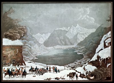 Napoleon Bonaparte (1769-1821) at the St. Bernard Pass Hospice, 20th May 1800, engraved by Merou by Charles Louis Lucien Muller