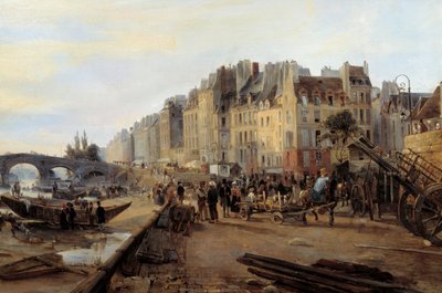 Marie Bridge and Saint Paul Harbour around 1825. View of Paris (detail) by Charles Louis Mozin