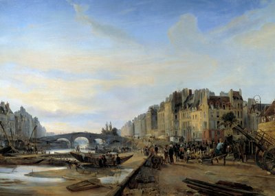 Marie Bridge and Saint Paul Harbour around 1825. View of Paris by Charles Louis Mozin