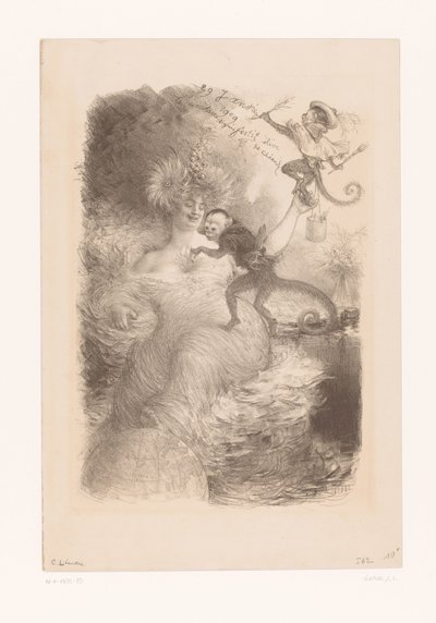 Woman with Globe, Stacks of Papers, and Two Monkeys by Charles Lucien Leandre