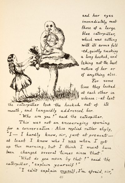 Alice Gets Advice from the Blue Caterpillar, Illustration from Alice’s Adventures Under Ground, Pub. 1886 (Facsimile) by Charles Lutwidge Dodgson