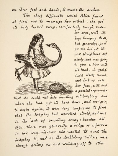 Alice Holding Her Ostrich, Illustration from Alice’s Adventures Under Ground, Pub. 1886 (Facsimile) by Charles Lutwidge Dodgson