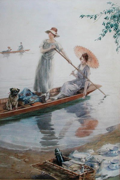 Two girls with their pet pug paddling back to their picnic by Charles MacIvor or MacIver Grierson