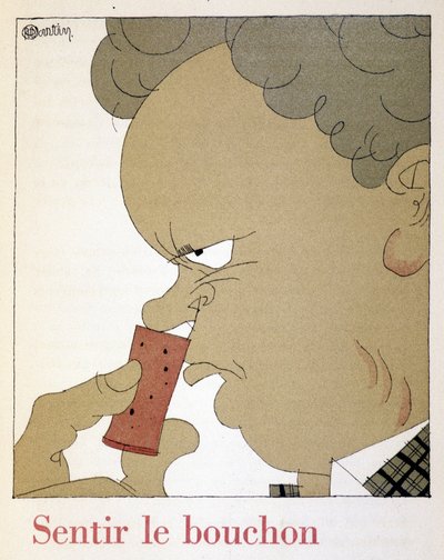 Feeling the Cork - in Monseigneur le Vin, drawing by Charles Martin, fascicle des Etablissements Nicolas by Charles Martin