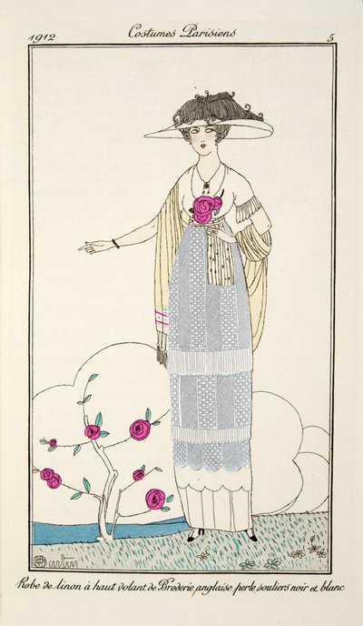 Robe de linon à haut volant de Broderie anglaise perle souliers noir et blanc, Plate 5, Costumes Parisiens published in Journal des Dames et des Modes, 1912 by Charles Martin