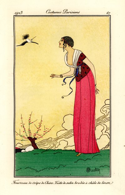 Woman in cloche hat, sheath dress and satin top by Charles Martin