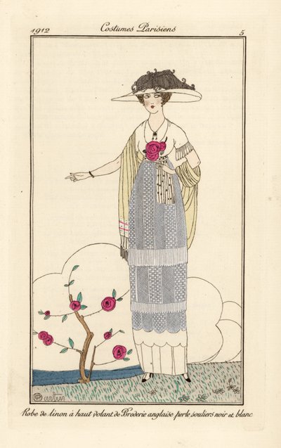 Woman in linen dress with pearl English lace, black and white slippers by Charles Martin