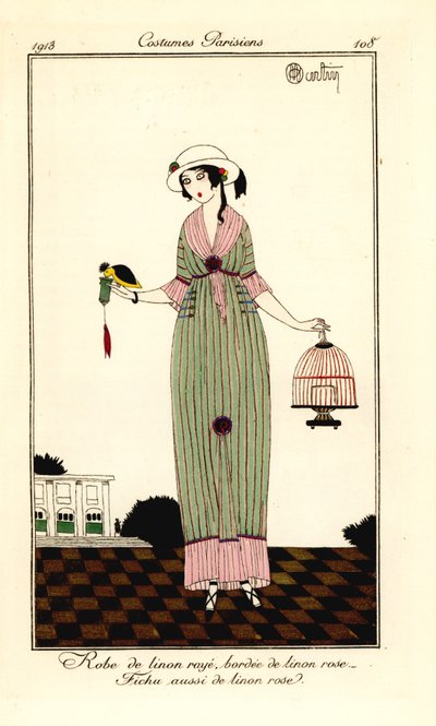 Woman in Striped Linen Dress Holding a Bird and Cage by Charles Martin