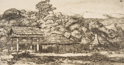 Native Barns and Huts at Akaroa, Banks Peninsula by Charles Meryon