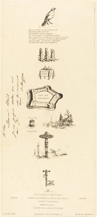Rebus: "Beranger was not really strong, for he never had the key of the fields" by Charles Meryon