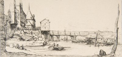 The footbridge temporarily replacing the Pont-au-Change, Paris, after the fire of 1621 by Charles Meryon