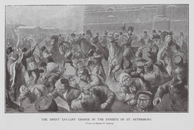 Cavalry charging a crowd in the streets of St Petersburg, First Russian Revolution by Charles Mills (after) Sheldon
