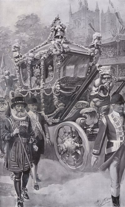 King Edward VII and Queen Alexandra in the State Coach returning from their coronation in Westminster Abbey, London by Charles Mills (after) Sheldon