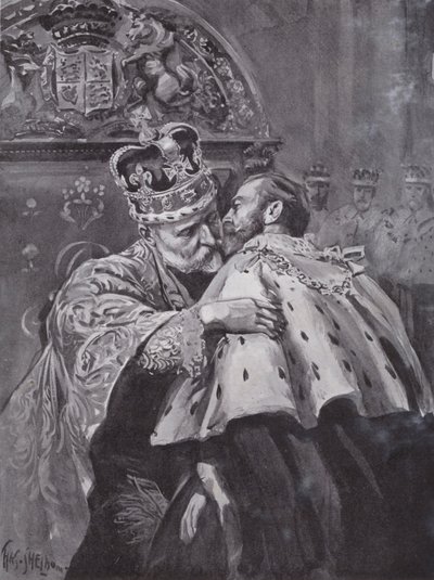 King Edward VII embracing his son, the Prince of Wales, at the king
