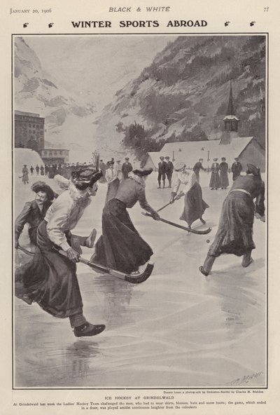 Playing ice hockey at Grindelwald, Switzerland by Charles Mills (after) Sheldon