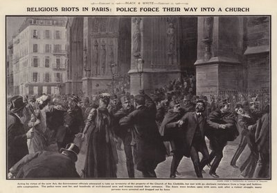 Police forcing their way into a church in Paris during riots in protest at the inventories of French churches ordered by the French government as part of its policy of the separation of church and state by Charles Mills (after) Sheldon