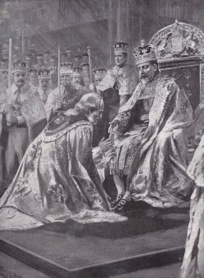 Homage of the Archbishop of Canterbury at the Coronation of King Edward VII, Westminster Abbey, London, 1902 by Charles Mills after Sheldon