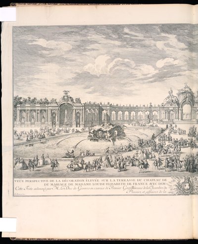 Bound Print, Perspective View of the Decoration Erected on the Terrace of the Palace of Versailles for the Illumination and Fireworks Displayed on the Occasion of the Marriage of Madame Louise-Elisabeth of France with Don Philippe Second Infant of Spain by Charles Nicolas Cochin the younger