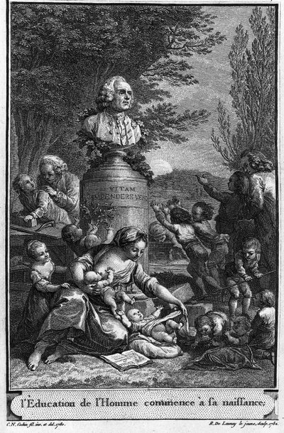 Human education begins at birth. Frontispiece (1782) by Jean Jacques Rousseau engraved by Robert Delaunay the young (1749-1814) after a drawing (1780) by Charles Nicolas Cochin the young (1715-1790) with the bust of the writer by Charles Nicolas II (after) Cochin