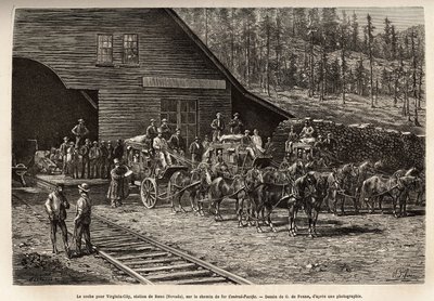 The Reno station, to take the ticket for Virginia City (Nevada), on the Central Pacific Railway (Central Pacific), engraved after the drawing of O. de Penne, illustrating the voyage from Washington to San Francisco, in 1868, by L. Simonin, published in “Le by Charles Oliver de Penne