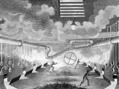 General View of a Gas Works, Showing Retorts Being Charged, 1835 by Charles Partington