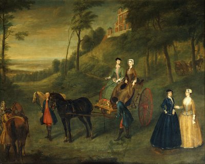 Ladies and Maids of Honour in Greenwich Park: A Group Portrait of Juliana, Duchess of Leeds, Lady Charlotte Hamilton, Lady Isabella Tufton and Henrietta, Countess of Pomfret, all Wearing Riding Habits, with Groom and Horses in front of the Observatory by Charles Phillips