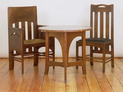 An armchair, made for the Luncheon Room, and dining chair, 1897, from Miss Cranstons Argyle Street Tea Rooms, Glasgow, and an occasional table made for the Billiards Room at Miss Cranstons Buchanan St by Charles Rennie Mackintosh