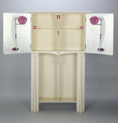 Cabinets, made for 14 Kingsborough Gardens, Glasgow, 1902; two figures on the side doors in Arabian cloak and turban holding lanterns by Charles Rennie Mackintosh