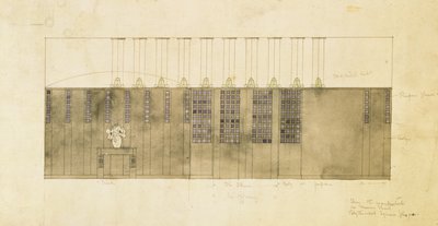 Design for a wall, table and doors by Charles Rennie Mackintosh