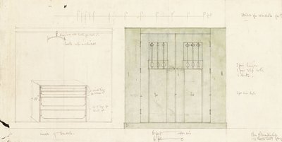 Design for a wardrobe, shown in elevation of the front and interior by Charles Rennie Mackintosh