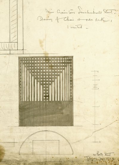 Design for the Order Desk Chair, Shown in Elevation and Plan by Charles Rennie Mackintosh