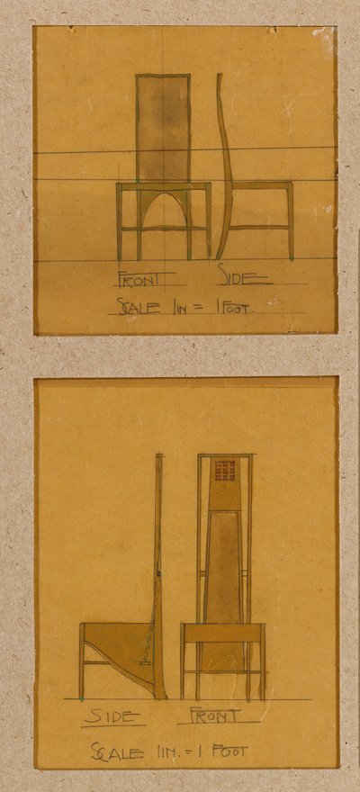 Designs for chairs shown in front and side elevations, for the Room de Luxe, Willow Tea Rooms by Charles Rennie Mackintosh