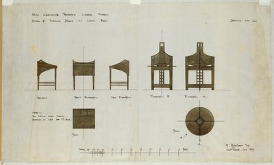 Designs for Writing Desks Shown in Front and Side Elevations, for the Ingram Street Tea Rooms by Charles Rennie Mackintosh