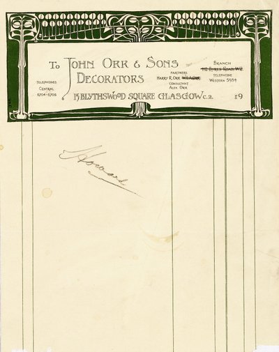 Stationery Design for John Orr & Sons, Glasgow by Charles Rennie Mackintosh