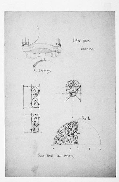 Vicenza, at left A Balcony, and below, Some Wrought Iron Work, 1891 by Charles Rennie Mackintosh