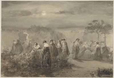 Company of Ladies and Gentlemen in a Moonlit Garden with Rose Bushes by Charles Rochussen