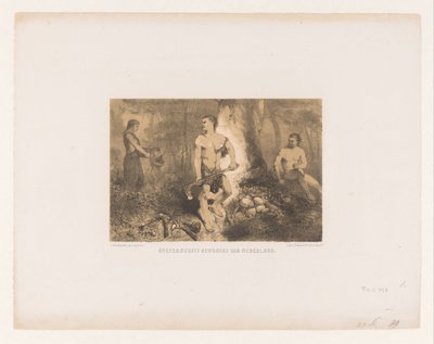 Men, Woman, and Child in Forest (title on object: Kvenen, Oldest Inhabitants of the Netherlands) by Charles Rochussen