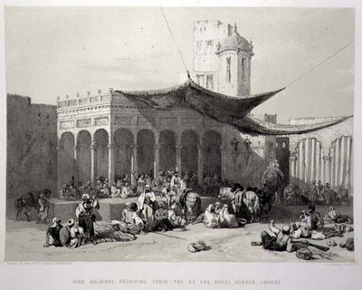 Panjab: Sikh Soldiers Receiving their Pay at the Royal Durbar, Lahore, plate 12 from 