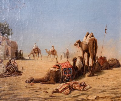 The halt of the camel drivers at the caravanserai by Charles Theodore (1814-88) Frere