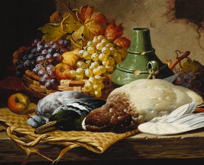 A Mallard and a Woodpigeon with a Basket of Apples and Grapes on a Wooden Ledge by Charles Thomas Bale