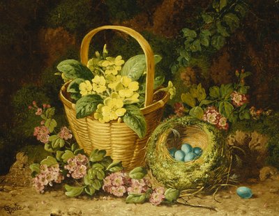 Primroses in a Basket, Japonica and a Bird