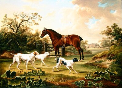 A Bay Hunter and Three Pointers in a Landscape with Lyston Hall Beyond by Charles Towne