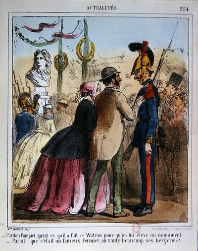 Cartoon making fun of the erection of a commemorative statue of Watteau by Charles Vernier