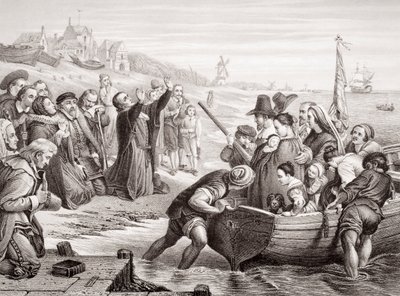 Departure of the Pilgrim Fathers from Delft Haven in July 1620 (engraving) by Charles West Cope