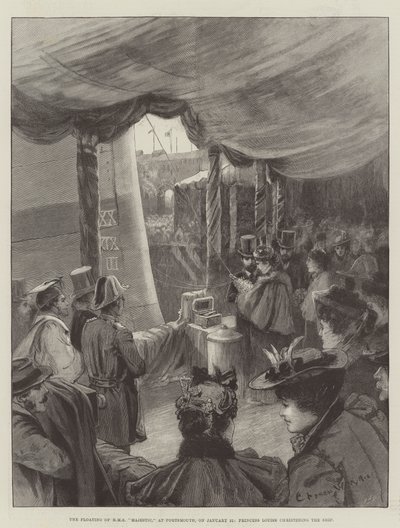 The Floating of HMS Majestic, at Portsmouth, on 31 January, Princess Louise christening the Ship by Charles William Wyllie