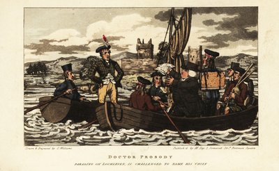 English tourists and Scot in tartan jacket sailing on Loch Leven in the Scottish highlands by Charles Williams