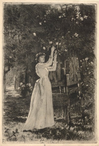 A Young Woman Picking Blossoms from a Tree by Charles Yardley Turner