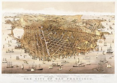 The City of San Francisco, birds-eye view from the Bay looking south-west, published by Currier & Ives by Charles Richard Parsons